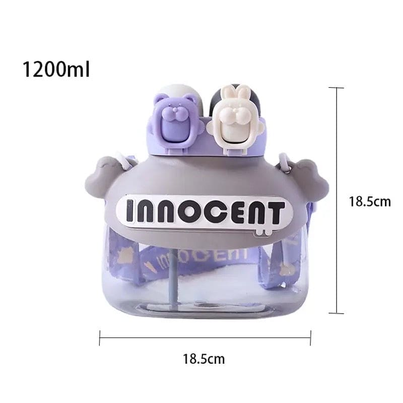 Fun student drink tumbler 1200ml with cute animal-shaped lid and purple design by Clarify.pk