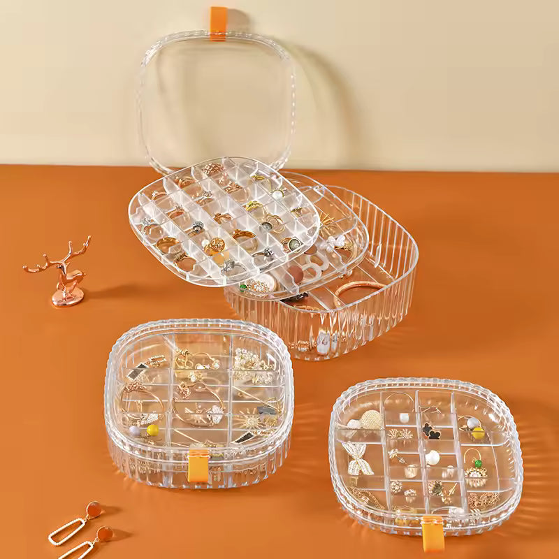 Clarify.pk 3 layer jewelry storage case with clear compartments for rings, earrings, and accessories