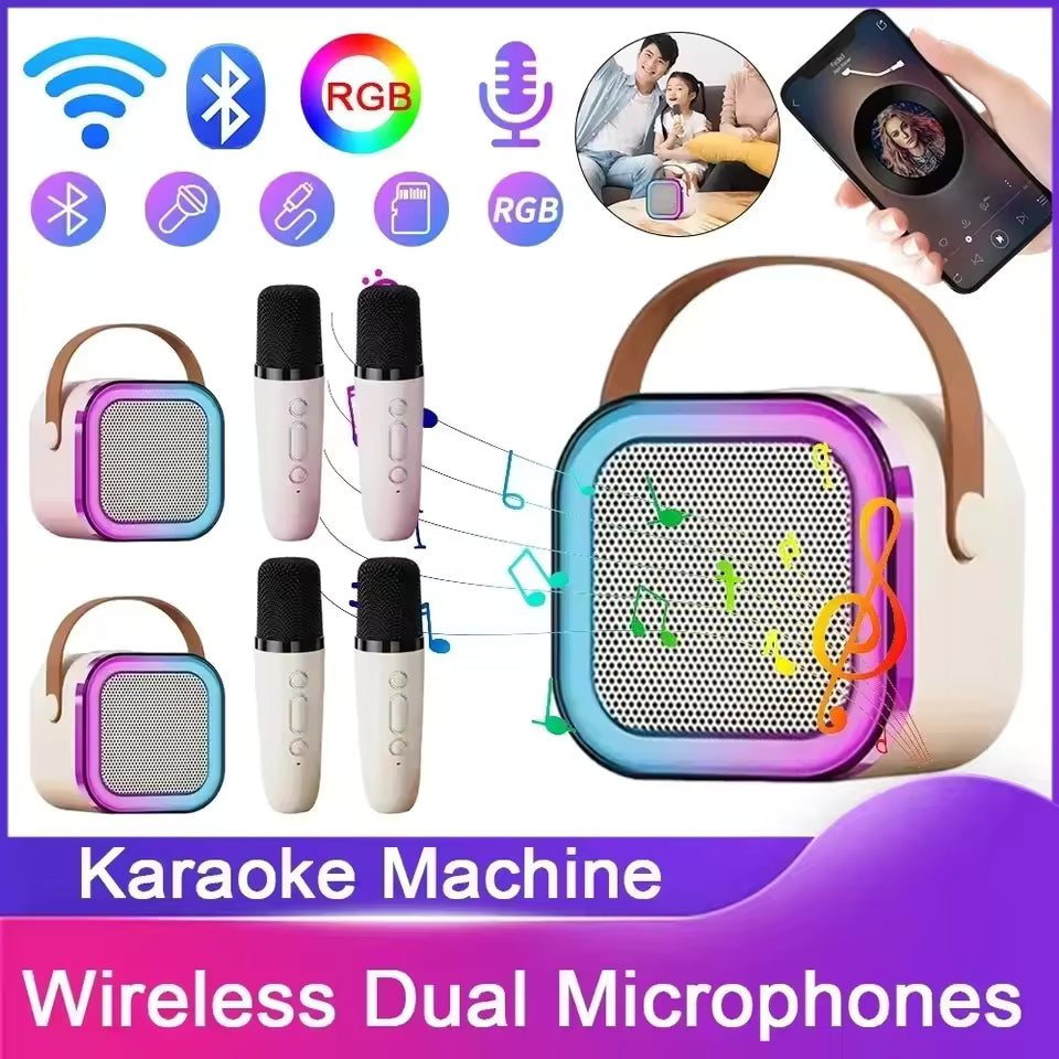Clarify.pk portable speaker with wireless microphones showing RGB lights and Bluetooth connectivity for karaoke
