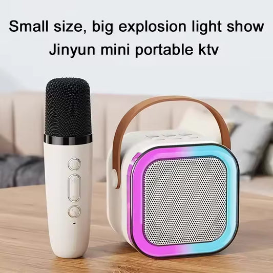 Jinyun mini portable speaker with wireless microphones featuring colorful light show and compact design