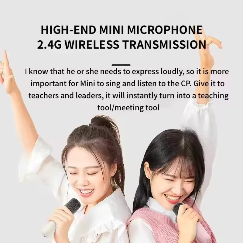 Two young women enjoying singing with portable speaker with wireless microphones for clear sound and wireless transmission