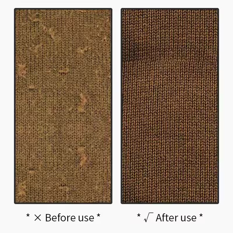 Close-up of knitted sweater fabric before and after using corded lint remover for clothes showing lint removal results