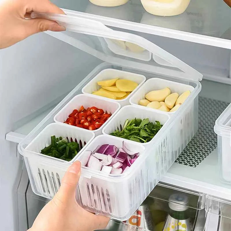Fridge organizer container with divided sections for neatly storing vegetables and ingredients in the refrigerator