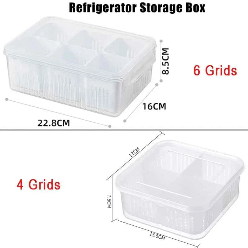 Fridge organizer container with 6 grids and 4 grids for effective refrigerator storage