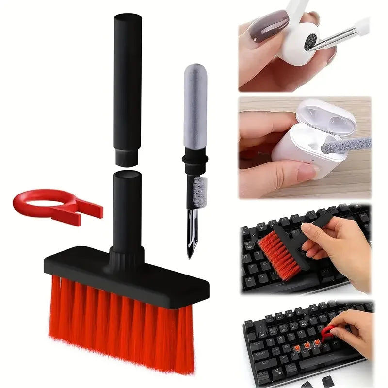 keyboard cleaning brush kit with red bristles, detail brushes, keycap puller for efficient keyboard maintenance