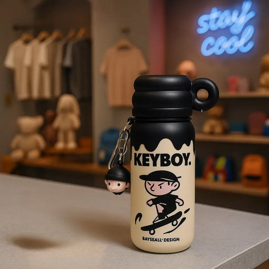 keyboy streetstyle thermo bottle with skateboarding character design and black lid in a trendy room