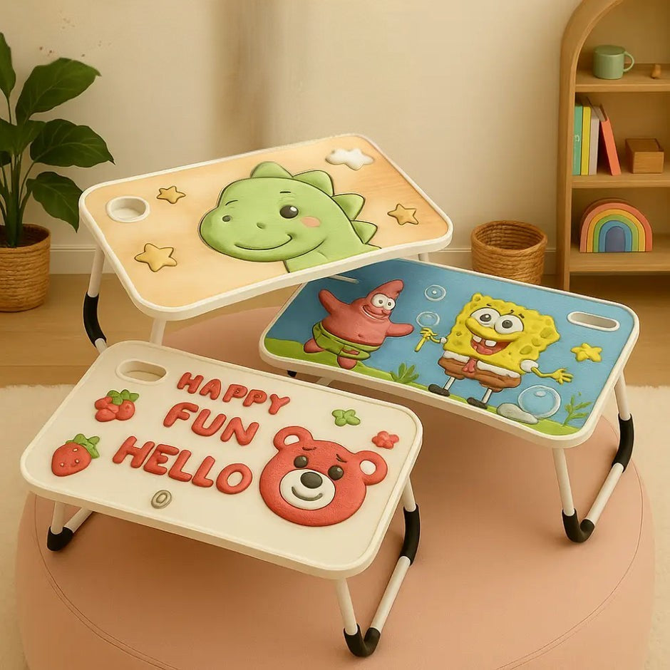 Kids cartoon study table set with dinosaur, sponge bob, and bear designs for children