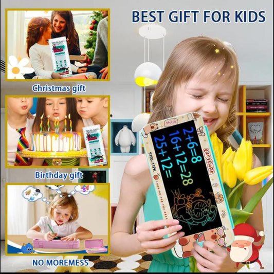 Kids pencil box with writing tablet shown as a best gift for kids with colorful design and math writing