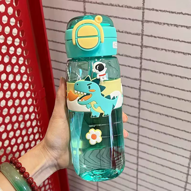 600ml kids water bottle with straw featuring a dinosaur design and a flip-top lid in turquoise color