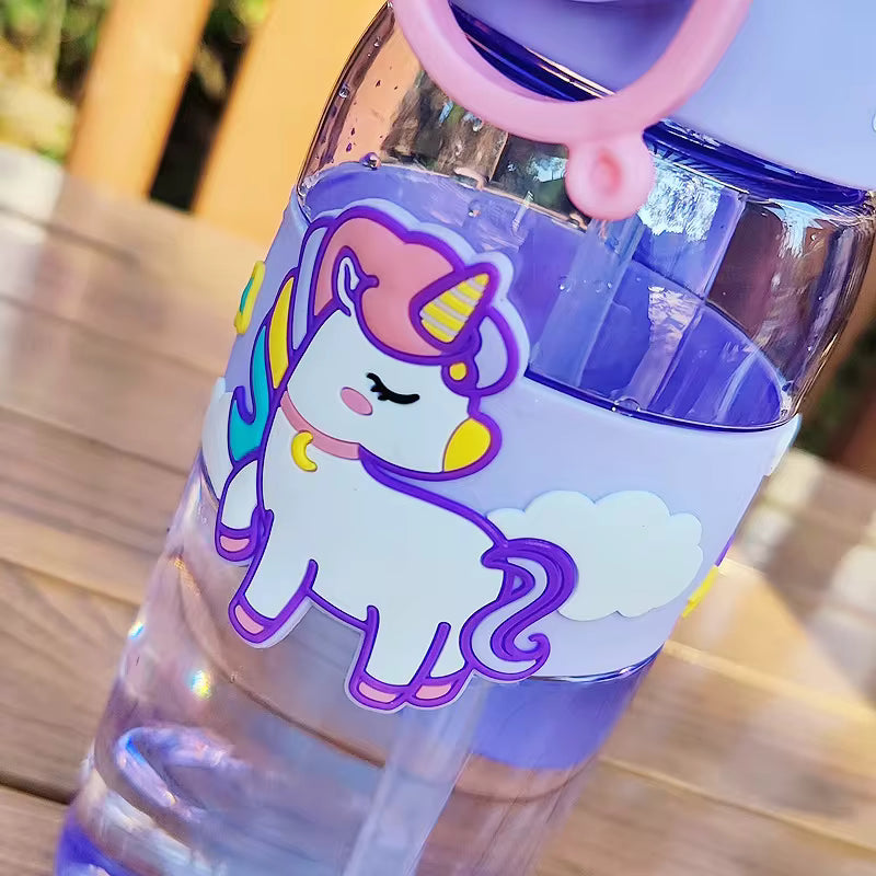 600ml kids water bottle with straw featuring a colorful unicorn design by Clarify.pk