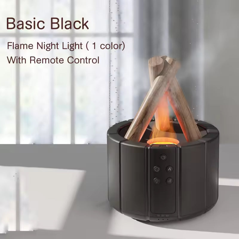 Basic black simulated flame aroma diffuser with flame night light and remote control by Clarify.pk