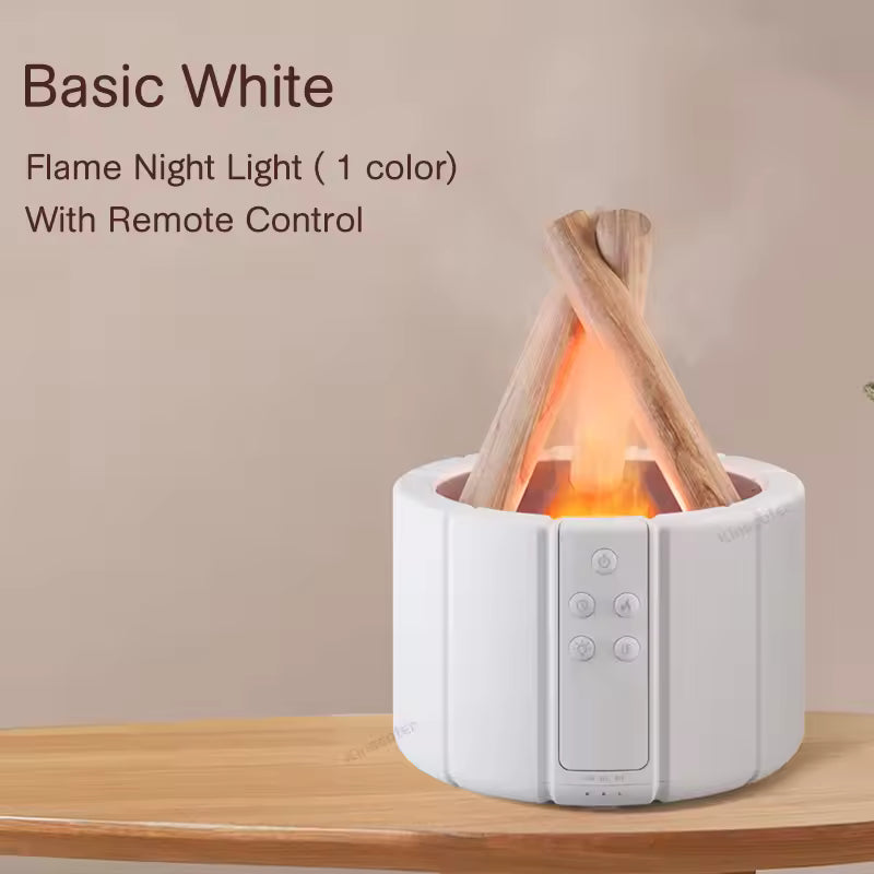 Basic white simulated flame aroma diffuser with flame night light and remote control on wooden table