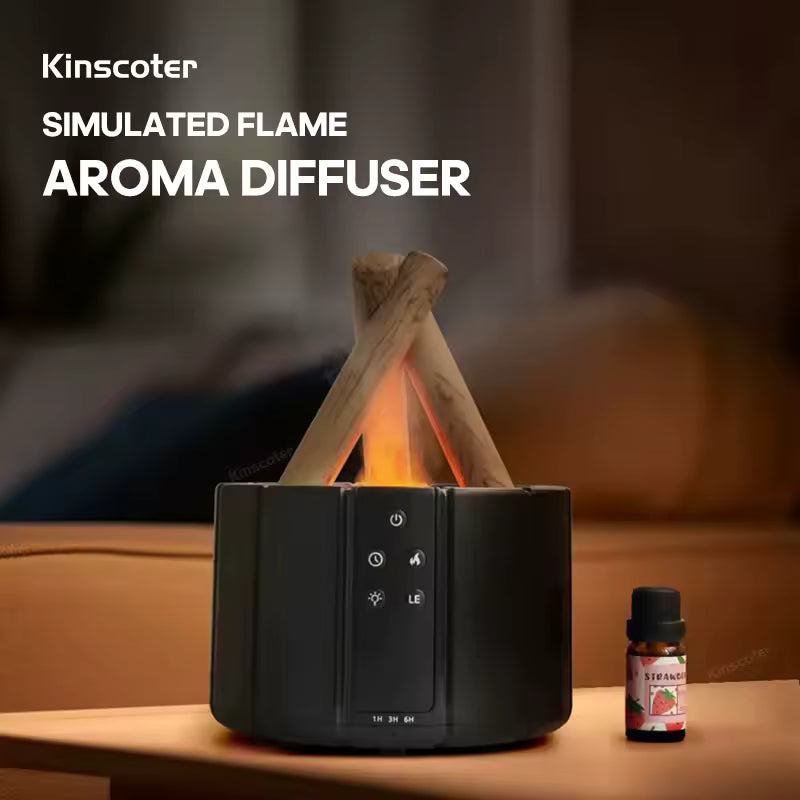 Clarify.pk simulated flame aroma diffuser with wood log design and essential oil bottle on table