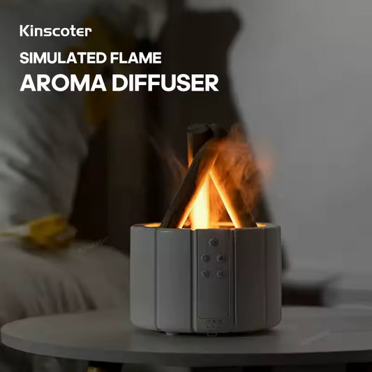 Clarify.pk simulated flame aroma diffuser on a table with warm glowing light and smoke effect