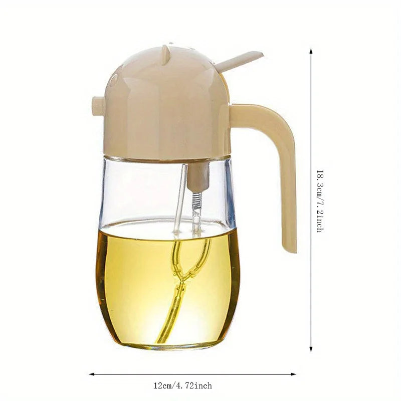 2 in 1 olive oil dispenser with beige lid and handle clear glass bottle measuring 18.3 cm tall