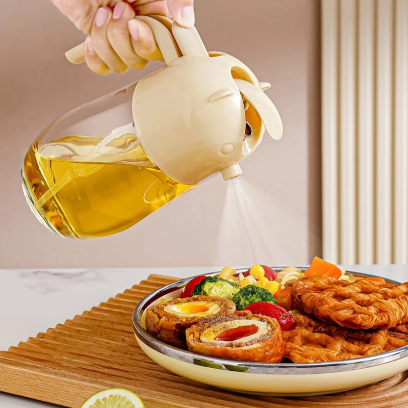 Hand pouring oil using 2 in 1 olive oil dispenser onto a plate of fried food with vegetables