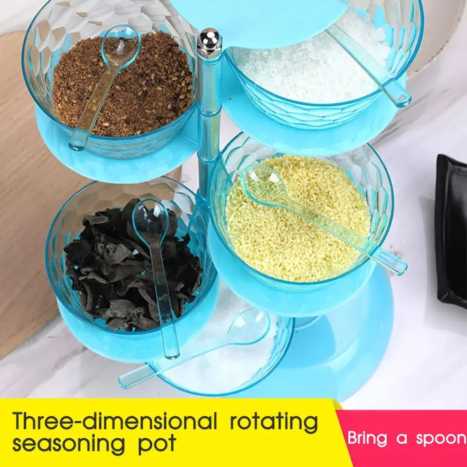 Clarify.pk 5 layer spice organizer with rotating blue containers and clear spoons for seasoning