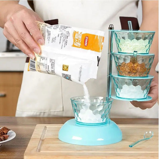 5 layer spice organizer with clear blue glass bowls for easy spice storage and pouring