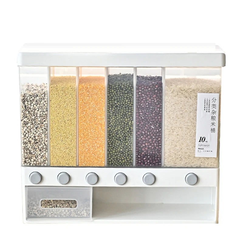 Clarify.pk 6 in 1 rice dipenser with six compartments for organized grain storage