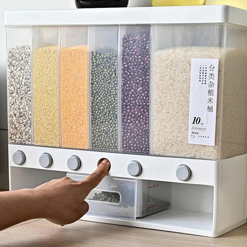 Clarify.pk 6 in 1 rice dipenser with six transparent compartments dispensing various grains