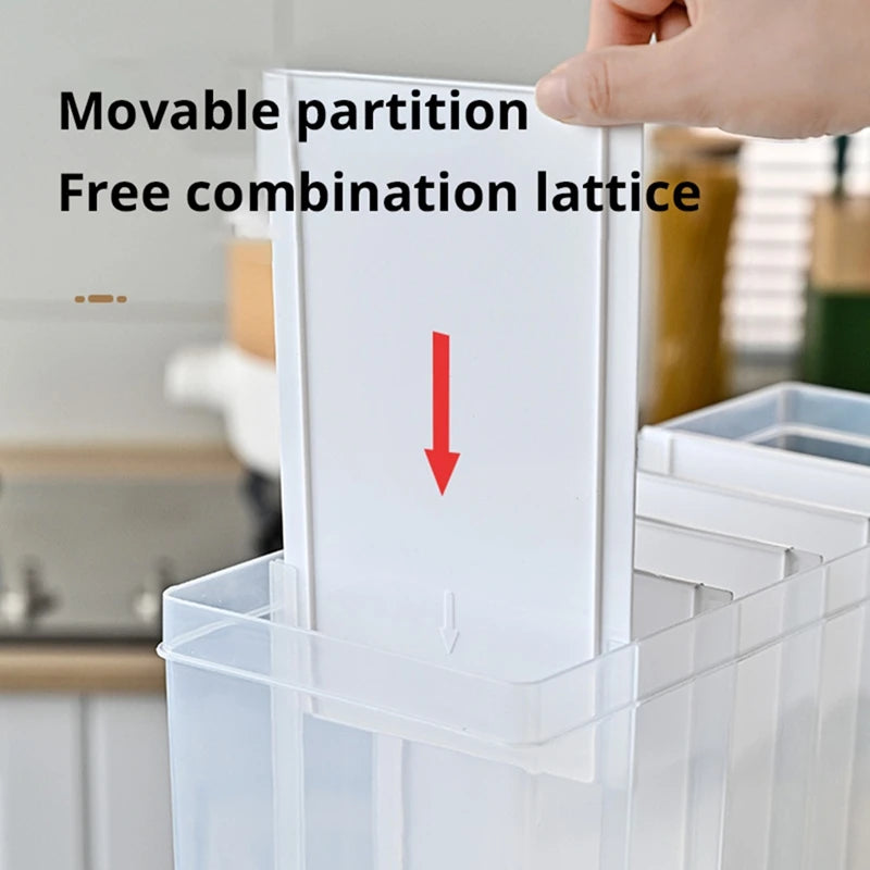 Hand adjusting movable partition in transparent 6 in 1 rice dipenser for customizable storage