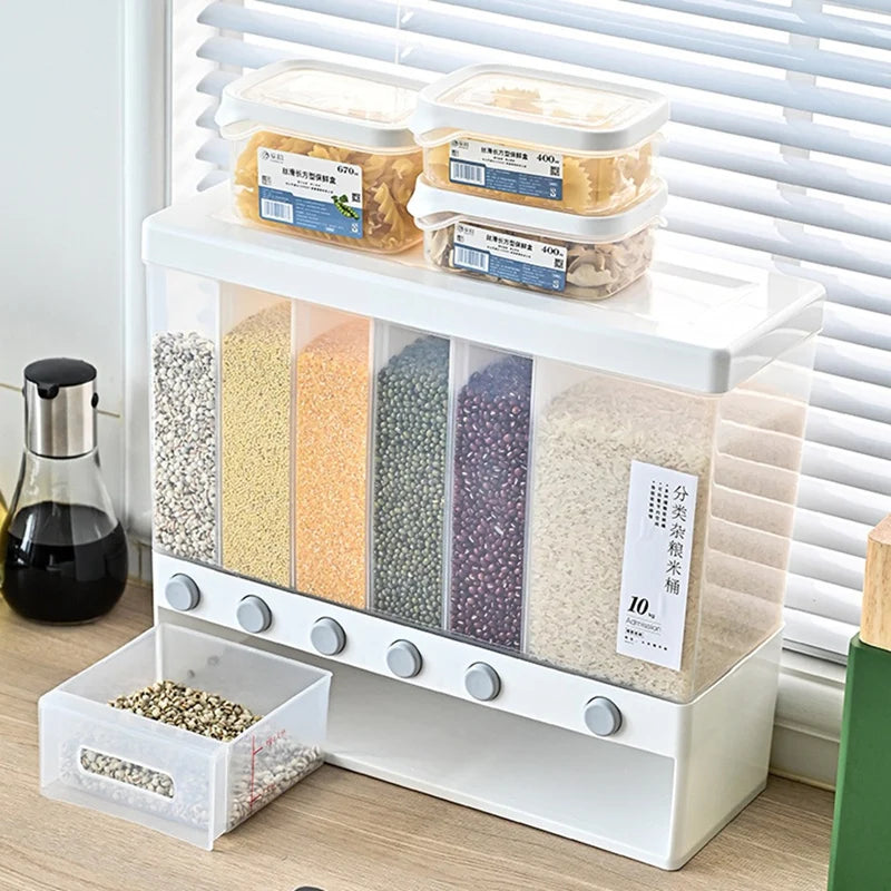 Clarify.pk 6 in 1 rice dipenser with six compartments for organized grain storage on kitchen counter