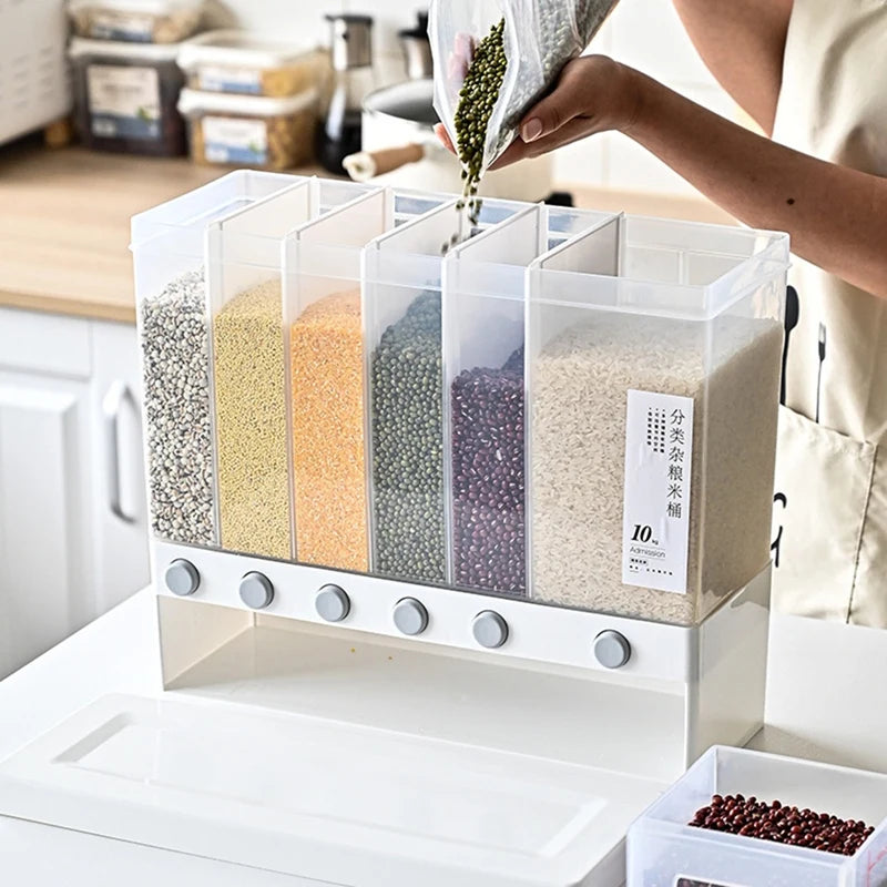 6 in 1 rice dipenser with six compartments holding different grains on kitchen counter