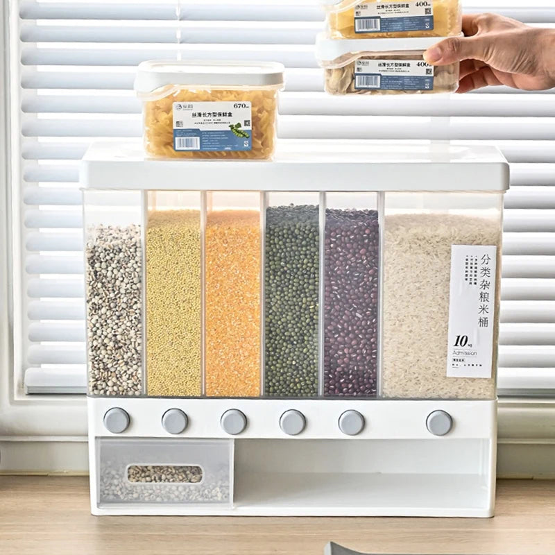 Clarify.pk 6 in 1 rice dipenser with transparent compartments storing various grains on kitchen counter