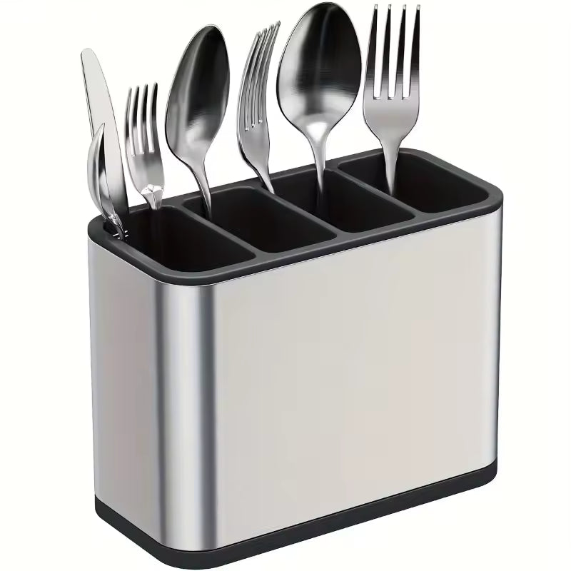 Stainless steel kitchen cutlery organizer with four compartments holding forks and spoons