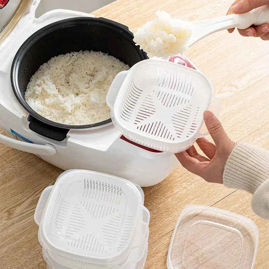 Clear kitchen food storage containers for organizing cooked rice and other ingredients in the kitchen