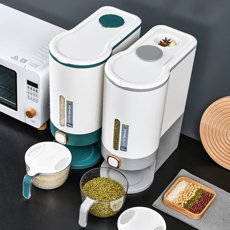 Clarify pk 10kg kitchen grain dispenser set in white and teal with compartments for storing grains