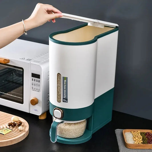 10kg kitchen grain dispenser in white and green with easy-open lid and measurement window on kitchen counter