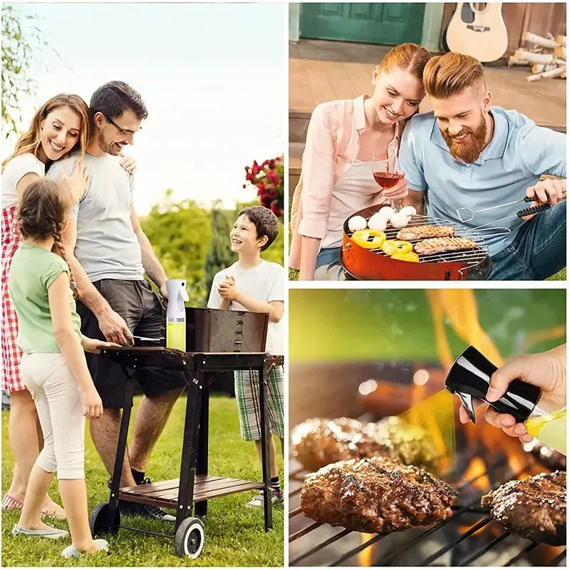 Outdoor grilling scenes showing family and couple cooking with a kitchen oil spray bottle and grilled food
