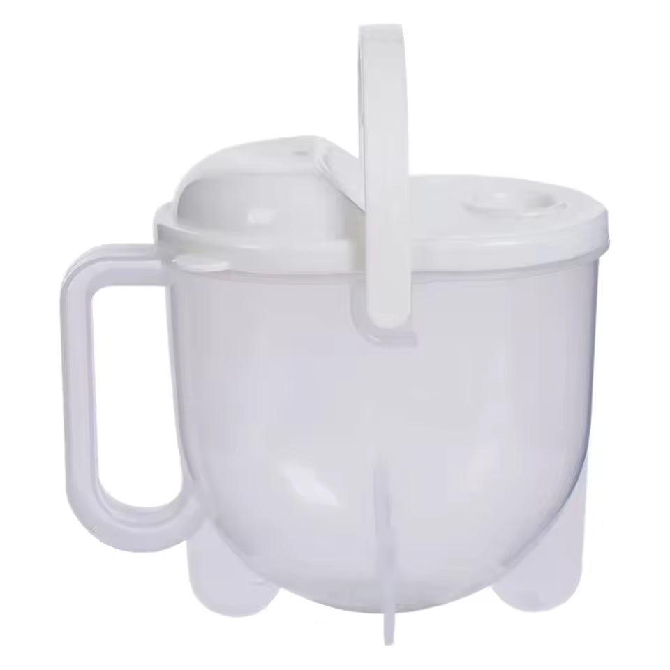 White plastic rice strainer with handle and lid for easy draining and rinsing