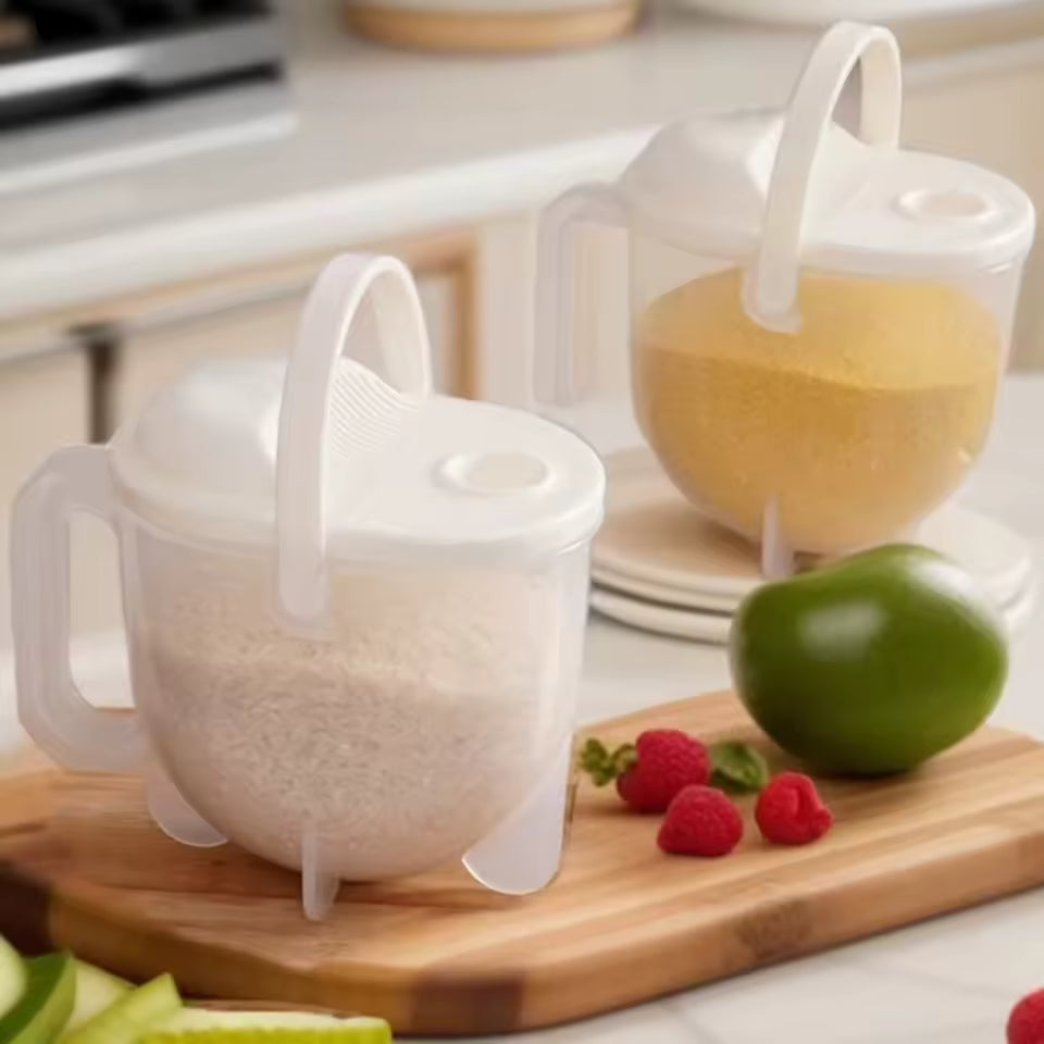 Clear plastic rice strainer with handle filled with rice and another with lentils on wooden cutting board