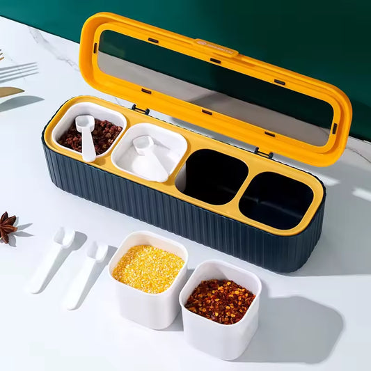 Clarify.pk black and yellow kitchen seasoning box with removable containers and white measuring spoons