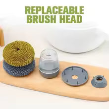 Clarify.pk kitchen soap dispensing brush with replaceable brush heads and parts on wooden surface