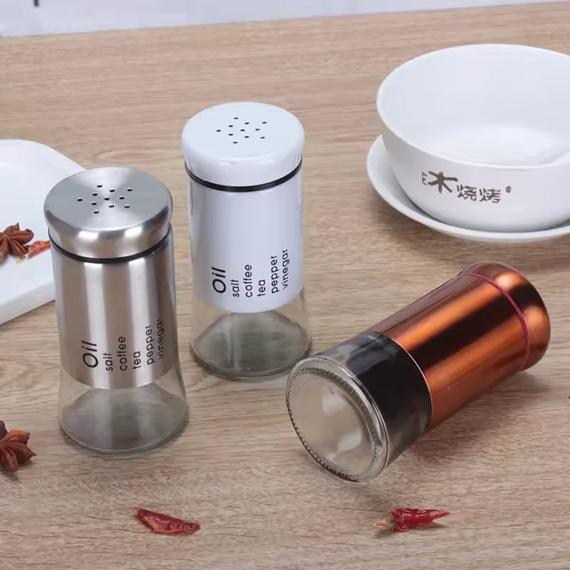 Clarify.pk kitchen spice jar container set with clear glass and metal lids for storing oil salt coffee pepper and vinegar