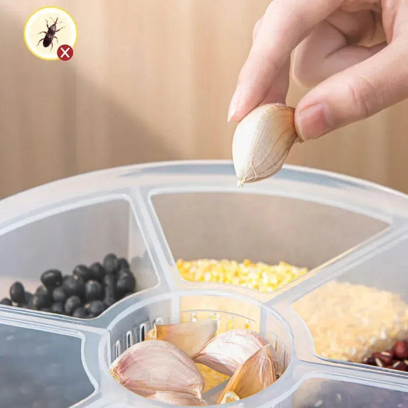 10KG kitchen storage container with multiple compartments storing garlic and grains