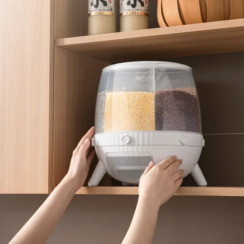 10KG kitchen storage container with clear compartments for grains and seeds in a wooden kitchen cabinet