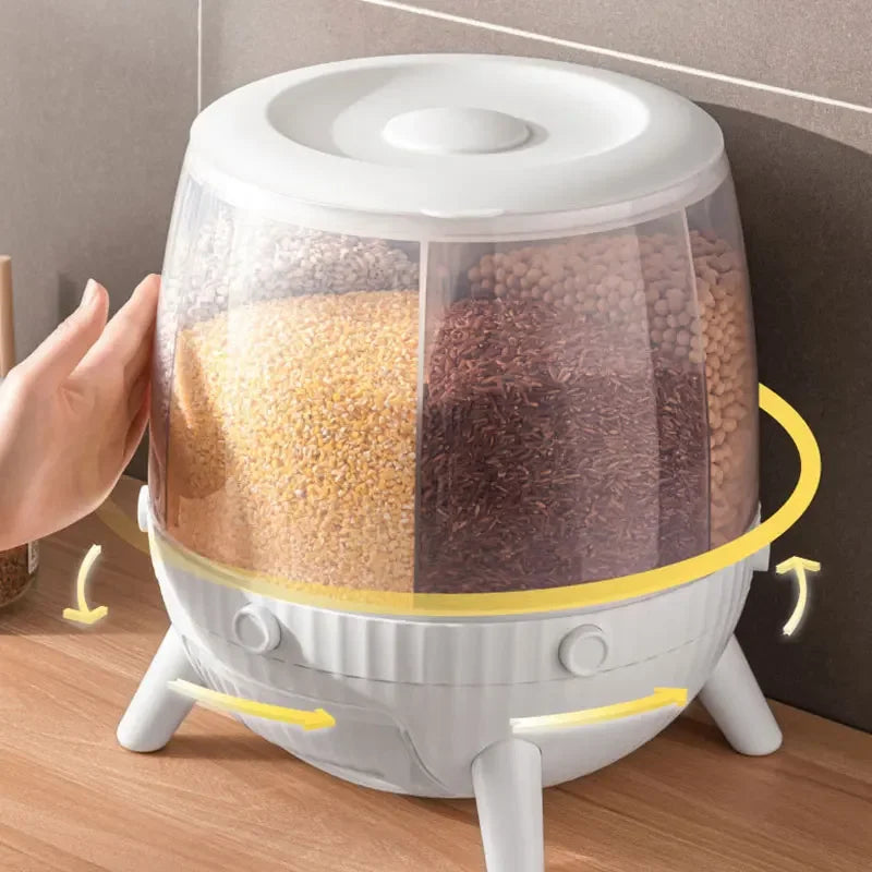 Clarify.pk 10KG kitchen storage container with transparent sections and white lid for organized grain storage
