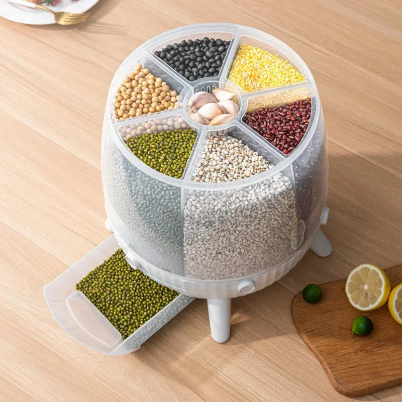 10KG kitchen storage container by Clarify.pk with multiple compartments for storing beans and grains on kitchen counter