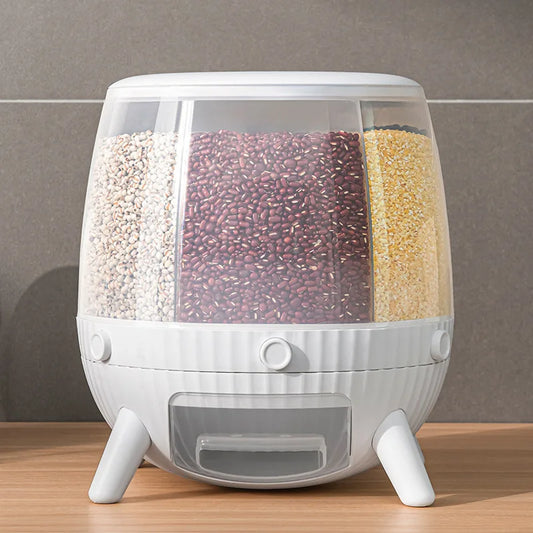 Clarify.pk 10KG kitchen storage container with three compartments holding grains and legumes