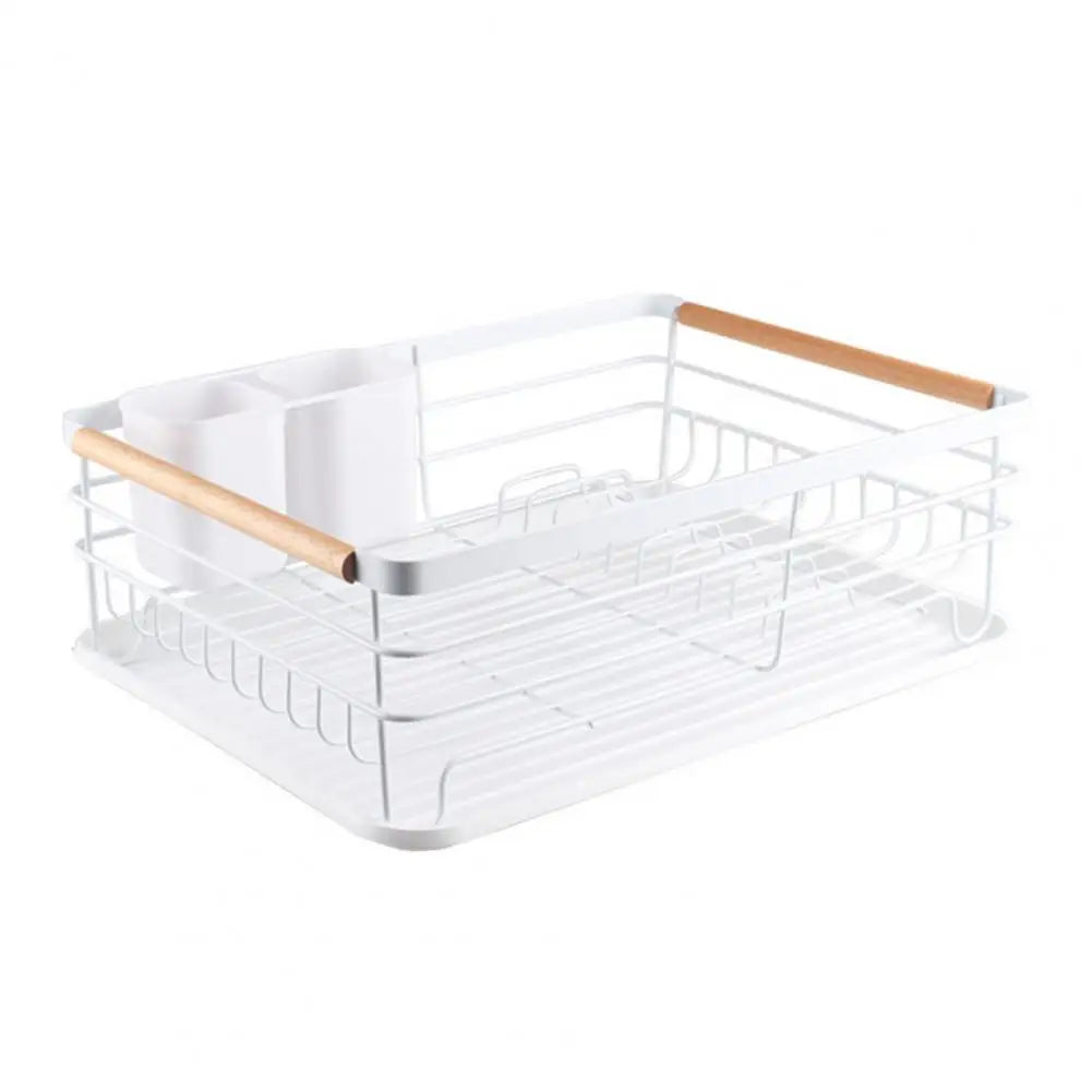 White iron frame kitchen storage rack with wooden handles and utensil holder for organized kitchen storage