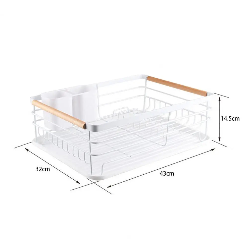 White iron frame kitchen storage rack with wooden handles and utensil holder showing dimensions