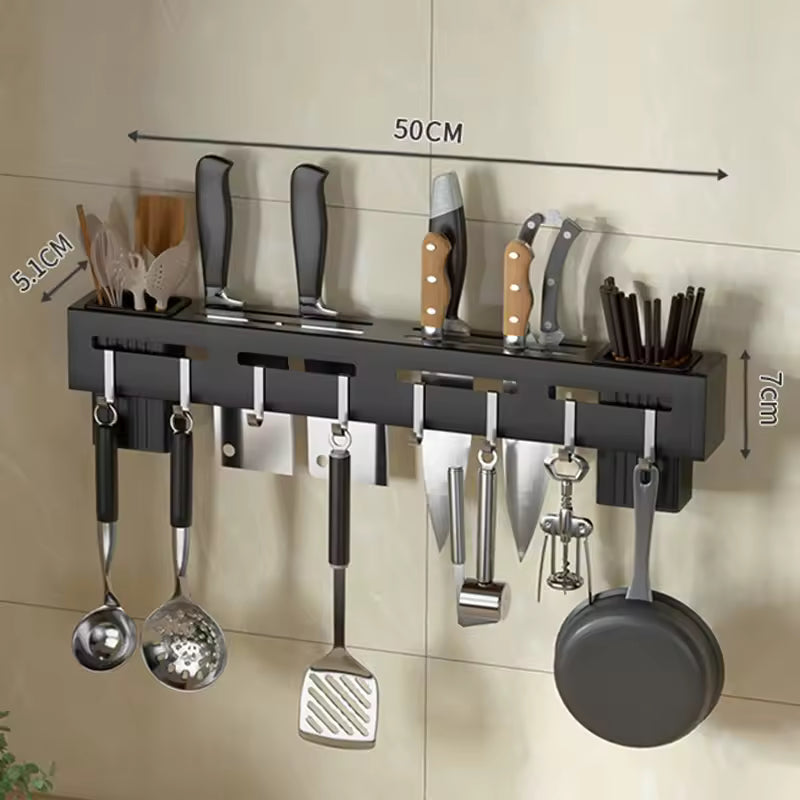 Clarify.pk black wall mounted knife holder with slots for knives and hanging kitchen utensils