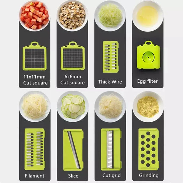 12 in 1 vegetable cutter with interchangeable green blades showing dice slice grate and egg filter accessories