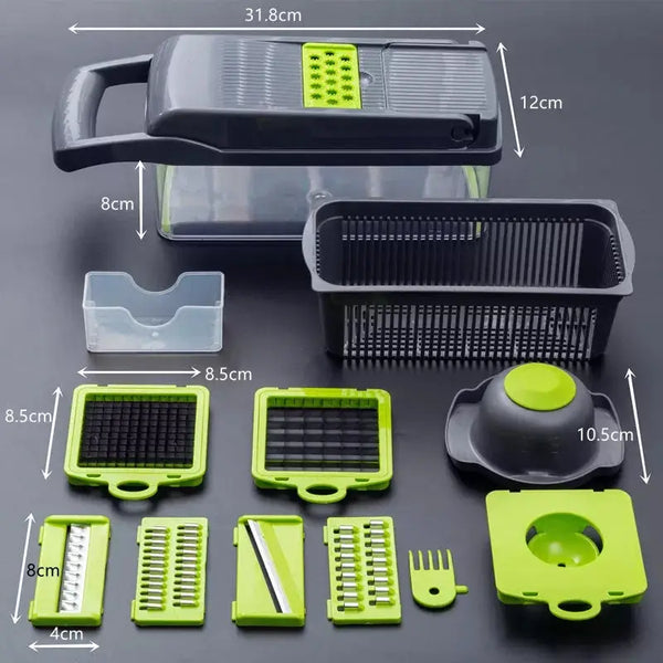 12 in 1 vegetable cutter set with clear storage container multiple interchangeable blades and hand guard