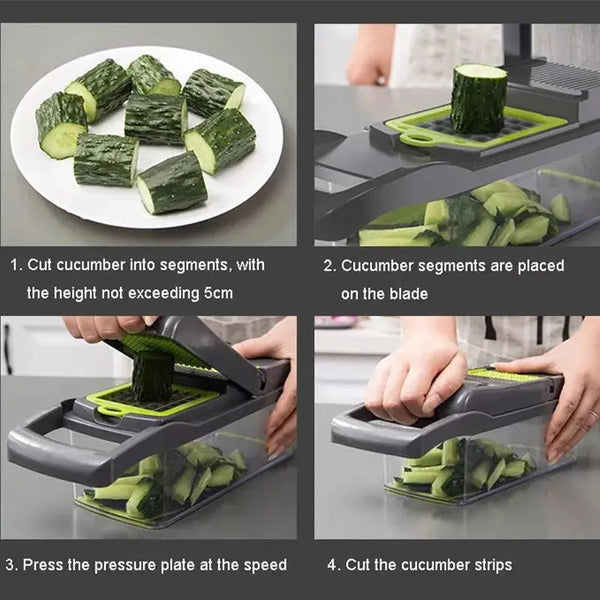 12 in 1 vegetable cutter mandoline with container slicing cucumbers into segments and strips for meal prep