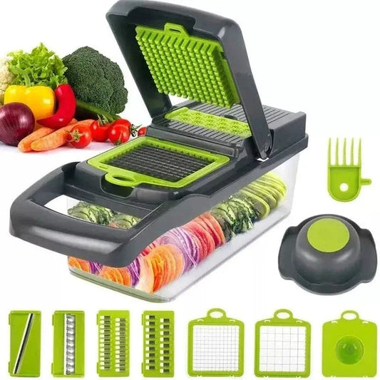12 in 1 vegetable cutter multifunction chopper with clear storage container multiple green blades and slicers